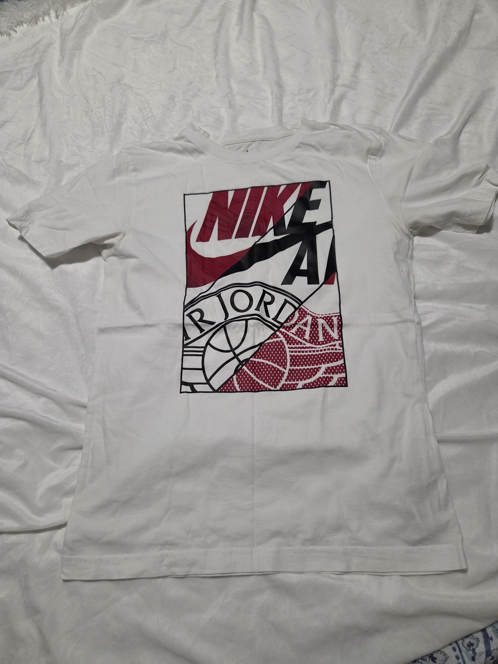 Nike White Short Sleeve Graphic Logo Tee with Red and Black Accents